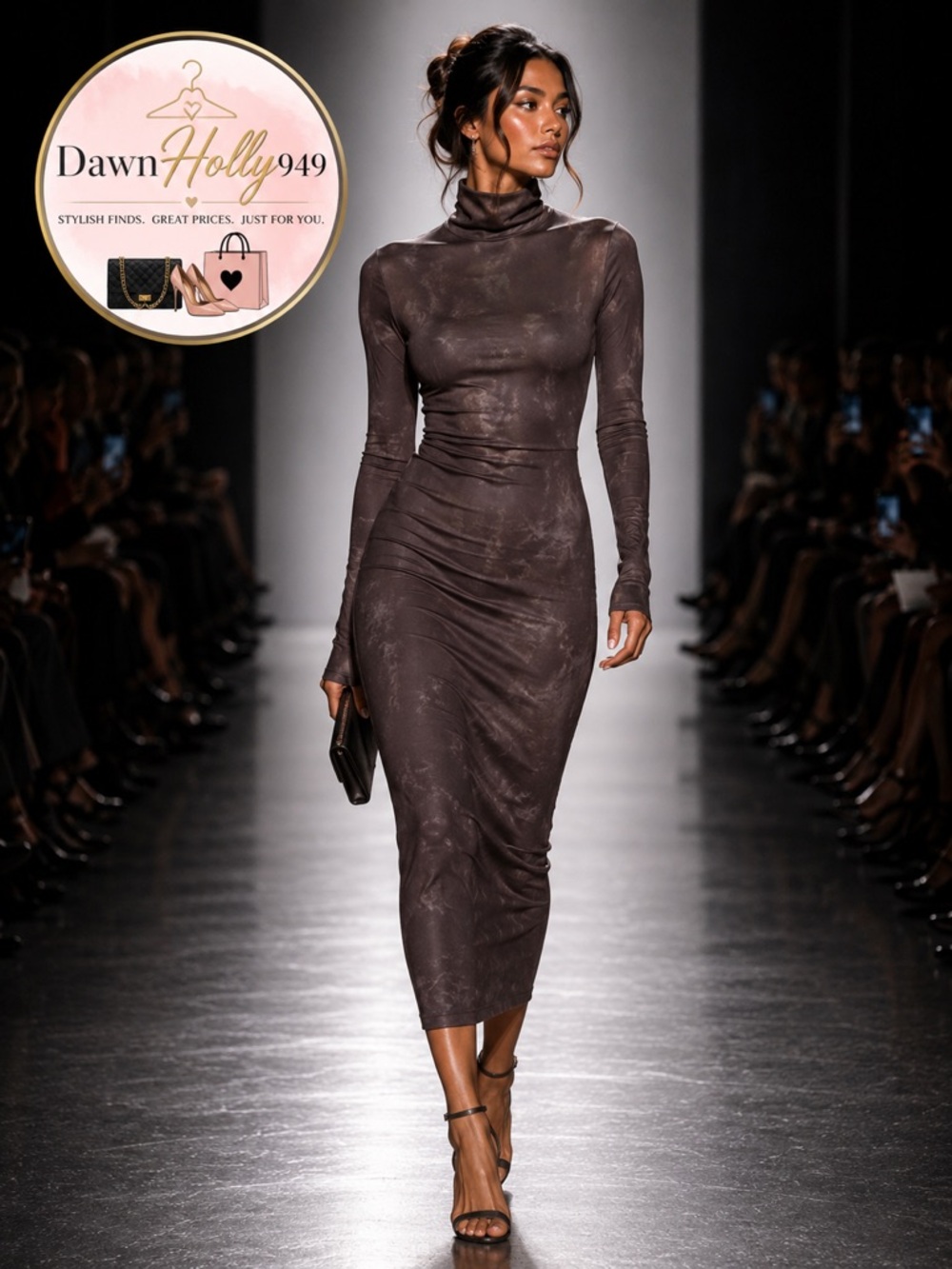 Turtleneck Long Sleeve Midi Dress in Brown